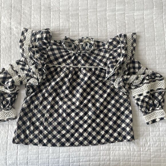 MARIE OLIVER Silk Blend Que Indigo Gingham Plaid Long Sleeve Ruffle Top L - Picture 2 of 15